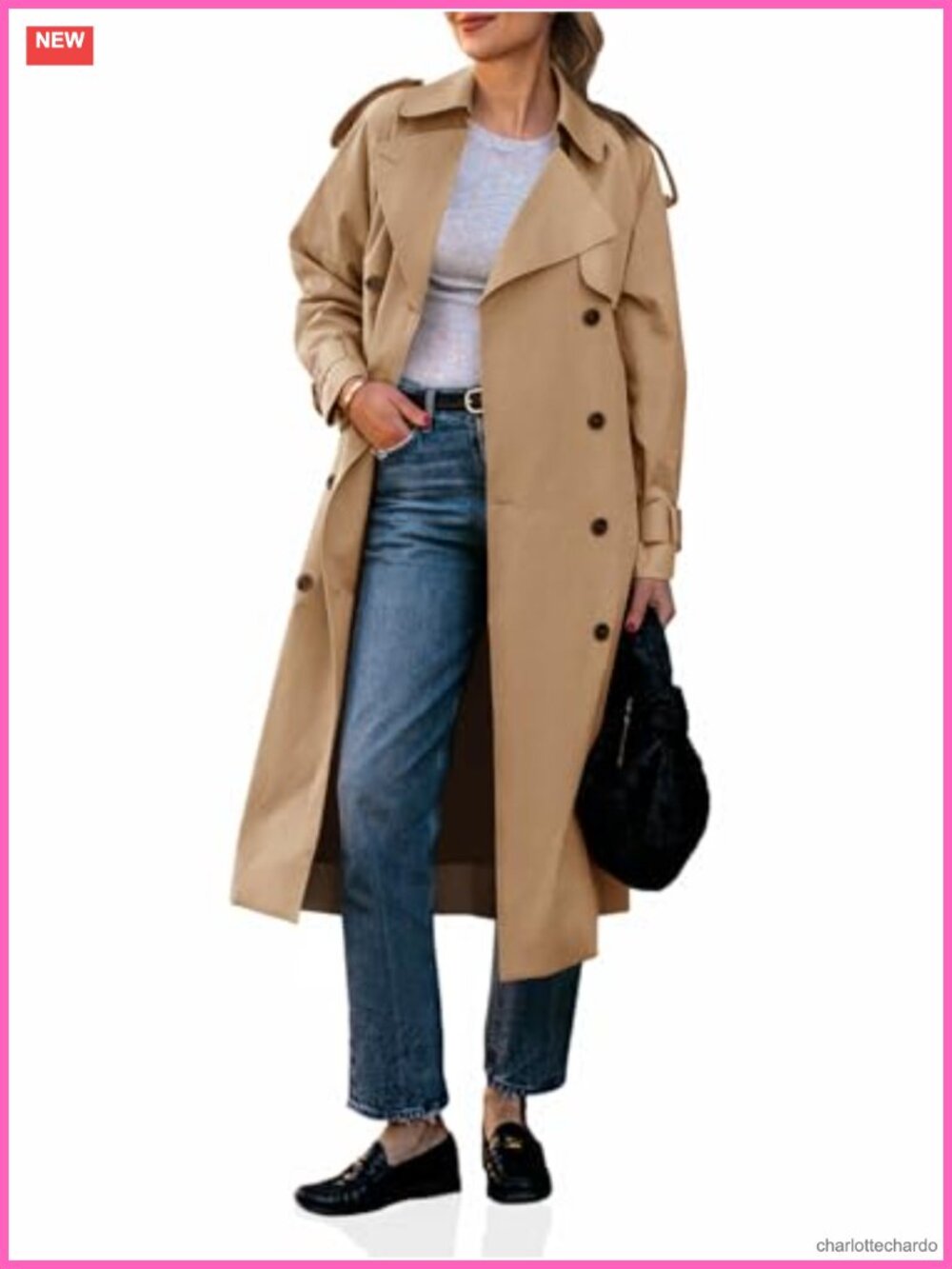 Womens Long Trench Coat Double Breasted Classic Lapel Overcoat with Belt